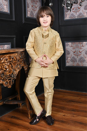 Ahhaaaa Kids Ethnic Bollywood Style Sherwani Waistcoat Kurta and Pyjama with Moti Mala for Boys Gold