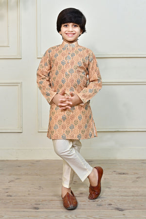 Ahhaaaa Kids Ethnic Cotton Printed Kurta Pajama Set for Boys Orange