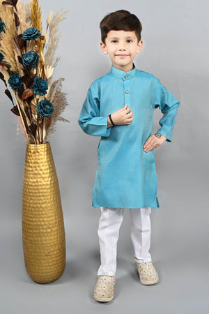 Ahhaaaa Kids Ethnic Cotton Silk Blend Boys Kurta Pyjama Set Blue