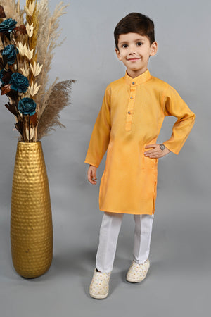 Ahhaaaa Kids Ethnic Cotton Silk Blend Boys Kurta Pyjama Set Mustard