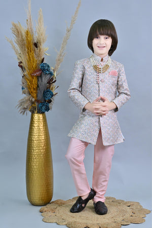 Ahhaaaa Kids Ethnic Jacquard Floral Printed Indo-Western Sherwani Set for Boys