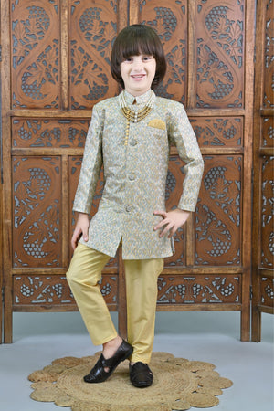 Ahhaaaa Kids Ethnic Jacquard Floral Printed Indo-Western Sherwani Set for Boys Gold