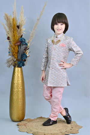 Ahhaaaa Kids Ethnic Jacquard Floral Printed Indo-Western Sherwani Set for Boys