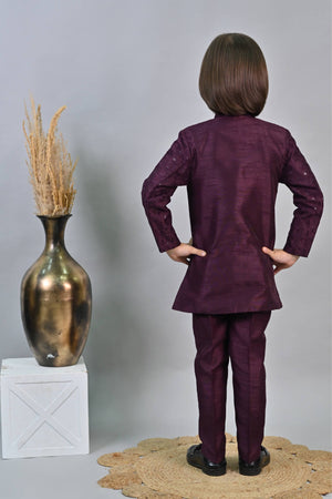 Ahhaaaa Kids Ethnic Jacquard Sequin Embellished Indo-Western Sherwani Set with Maala for Boys