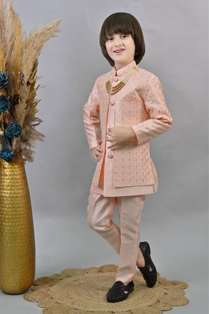 Ahhaaaa Kids Ethnic Jacquard Sequin Embellished Indo-Western Sherwani Set with Maala for Boys