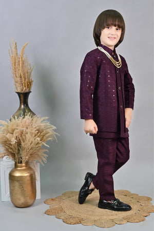 Ahhaaaa Kids Ethnic Jacquard Sequin Embellished Indo-Western Sherwani Set with Maala for Boys