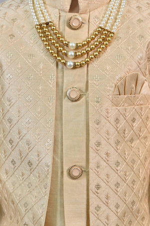 Ahhaaaa Kids Ethnic Jacquard Sequin Embellished Indo-Western Sherwani Set with Maala for Boys