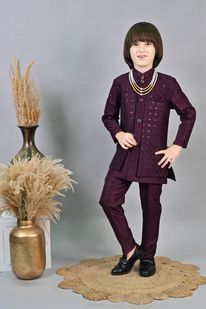 Ahhaaaa Kids Ethnic Jacquard Sequin Embellished Indo-Western Sherwani Set with Maala for Boys Purple
