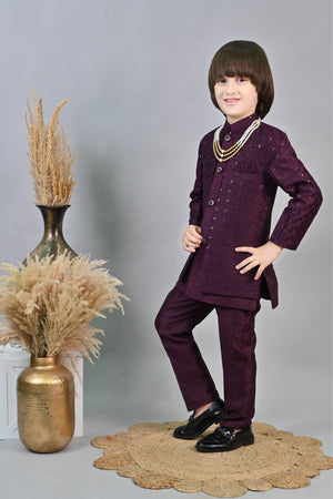 Ahhaaaa Kids Ethnic Jacquard Sequin Embellished Indo-Western Sherwani Set with Maala for Boys