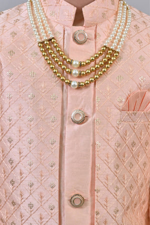Ahhaaaa Kids Ethnic Jacquard Sequin Embellished Indo-Western Sherwani Set with Maala for Boys