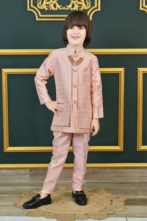 Ahhaaaa Kids Ethnic Jacquard Sequin Embellished Indo-Western Sherwani Set with Maala for Boys Pink