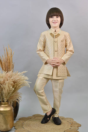 Ahhaaaa Kids Ethnic Jacquard Sequin Embellished Indo-Western Sherwani Set with Maala for Boys