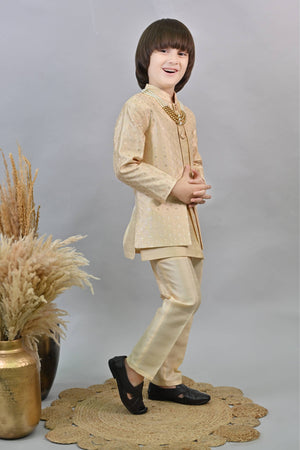 Ahhaaaa Kids Ethnic Jacquard Sequin Embellished Indo-Western Sherwani Set with Maala for Boys