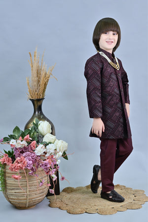 Ahhaaaa Kids Ethnic Jacquard Silk Floral Print Indo-Western Sherwani Set for Boys
