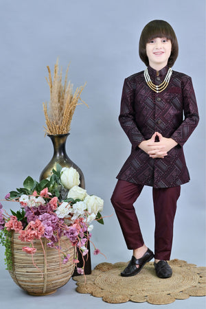 Ahhaaaa Kids Ethnic Jacquard Silk Floral Print Indo-Western Sherwani Set for Boys