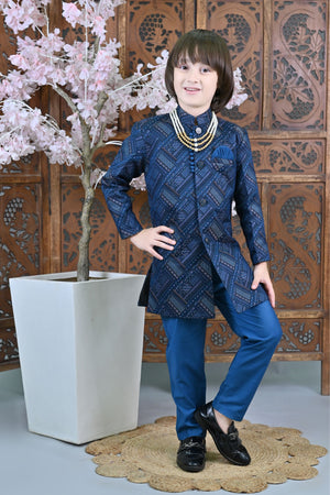 Ahhaaaa Kids Ethnic Jacquard Silk Floral Print Indo-Western Sherwani Set for Boys Blue