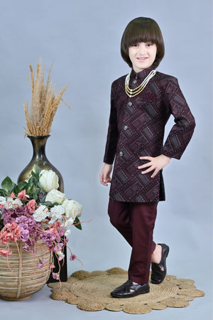 Ahhaaaa Kids Ethnic Jacquard Silk Floral Print Indo-Western Sherwani Set for Boys