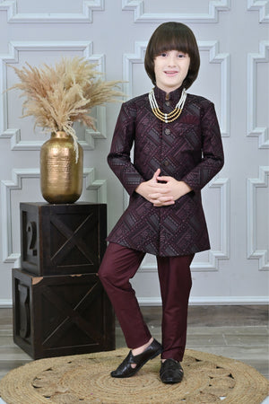Ahhaaaa Kids Ethnic Jacquard Silk Floral Print Indo-Western Sherwani Set for Boys Maroon