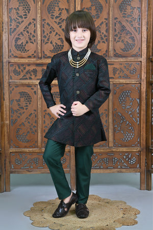 Ahhaaaa Kids Ethnic Jacquard Silk Floral Print Indo-Western Sherwani Set for Boys