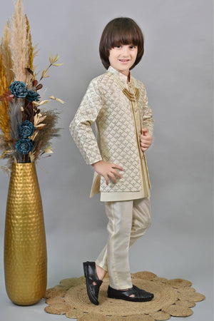Ahhaaaa Kids Ethnic Jacquard Silk Sequin Printed Indo-Western Sherwani Set with Maala for Boys