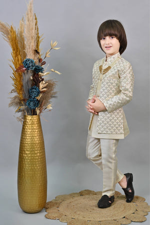 Ahhaaaa Kids Ethnic Jacquard Silk Sequin Printed Indo-Western Sherwani Set with Maala for Boys
