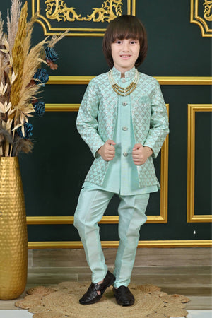 Ahhaaaa Kids Ethnic Jacquard Silk Sequin Printed Indo-Western Sherwani Set with Maala for Boys