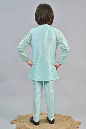 Ahhaaaa Kids Ethnic Jacquard Silk Sequin Printed Indo-Western Sherwani Set with Maala for Boys