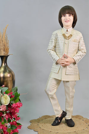 Ahhaaaa Kids Ethnic Sequin Embroidered Indo-Western Kurta and Trouser Set for Boys Beige