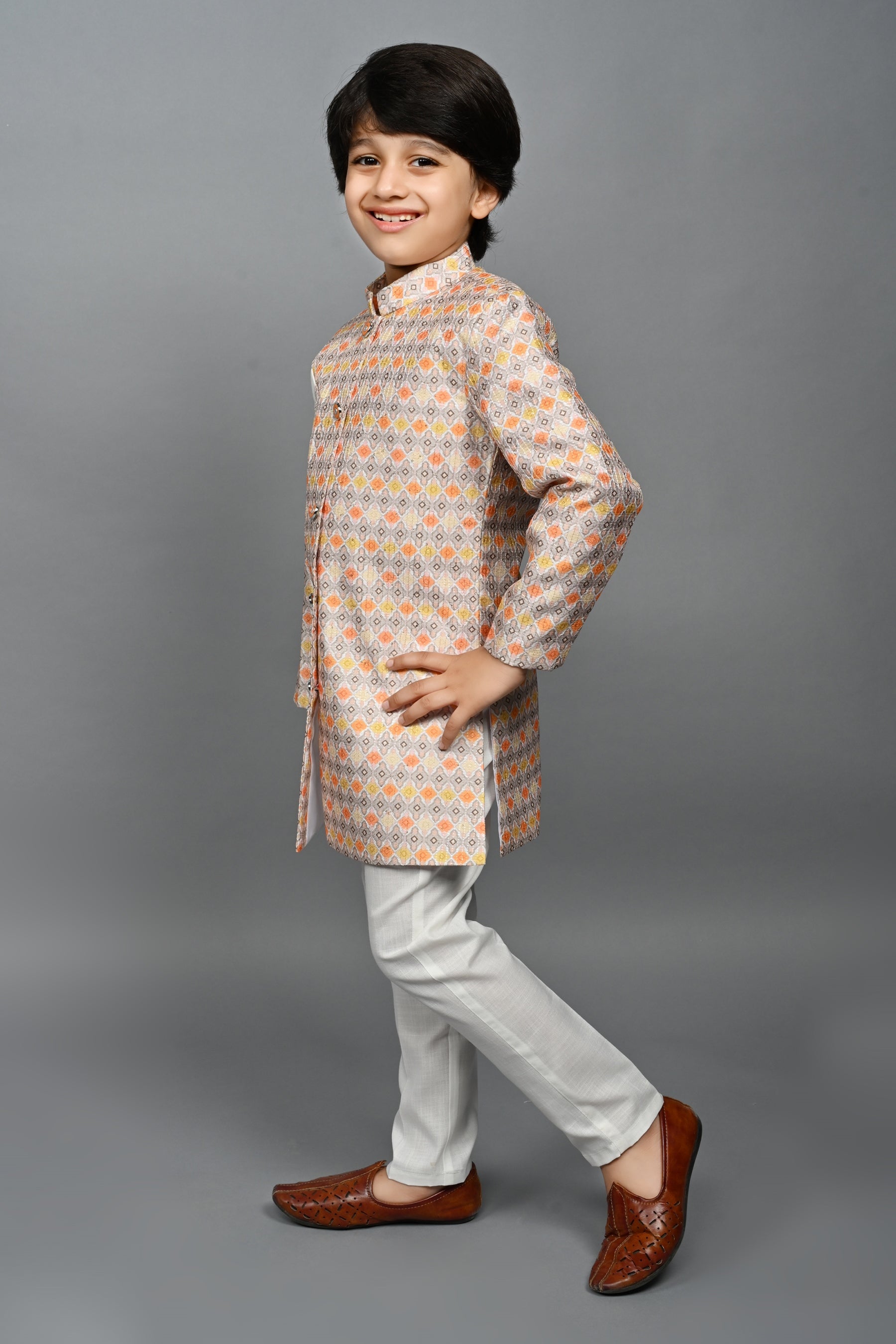 Ahhaaaa Kids Ethnic Silk Blend Indo-Western Sherwani Set For Boys 491