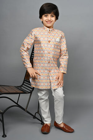 Ahhaaaa Kids Ethnic Silk Blend Indo-Western Sherwani Set For Boys 491 Mustard