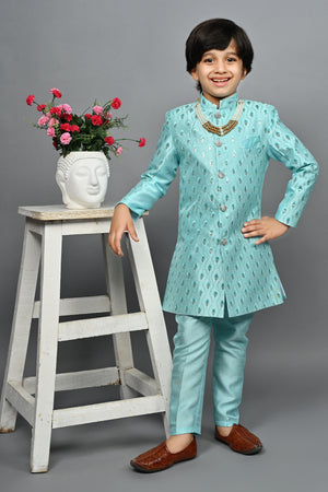 Ahhaaaa Kids Ethnic Silk Blend traditional Wear Sequin Print Indo-Western Sherwani Set For Boys Turquoise Blue