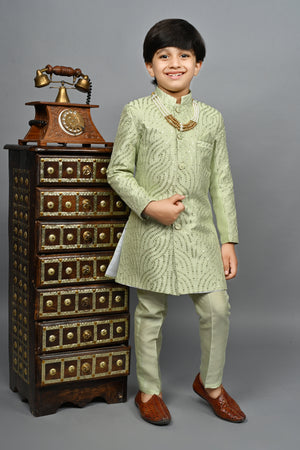 Ahhaaaa Kids Ethnic Silk Blend traditional Wear Sequin Print Indo-Western Sherwani Set For Boys Green
