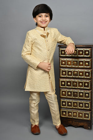 Ahhaaaa Kids Ethnic Silk Blend traditional Wear Sequin Print Indo-Western Sherwani Set For Boys Gold