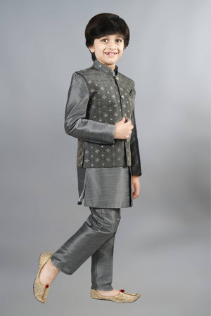 Ahhaaaa Kids Ethnic Silk Blend Waistcoat Kurta Pyjama 3 Piece Sherwani Set For Boys