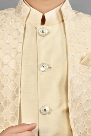 Ahhaaaa Kids Ethnic Silk Blend Waistcoat Kurta Pyjama 3 Piece Sherwani Set For Boys