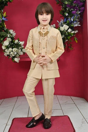 Ahhaaaa Kids Ethnic Silk Blend Waistcoat Kurta Pyjama 3 Piece Sherwani Set For Boys Gold