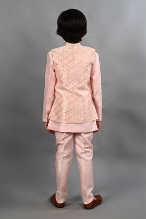 Ahhaaaa Kids Ethnic Silk Blend Waistcoat Kurta Pyjama 3 Piece Sherwani Set For Boys