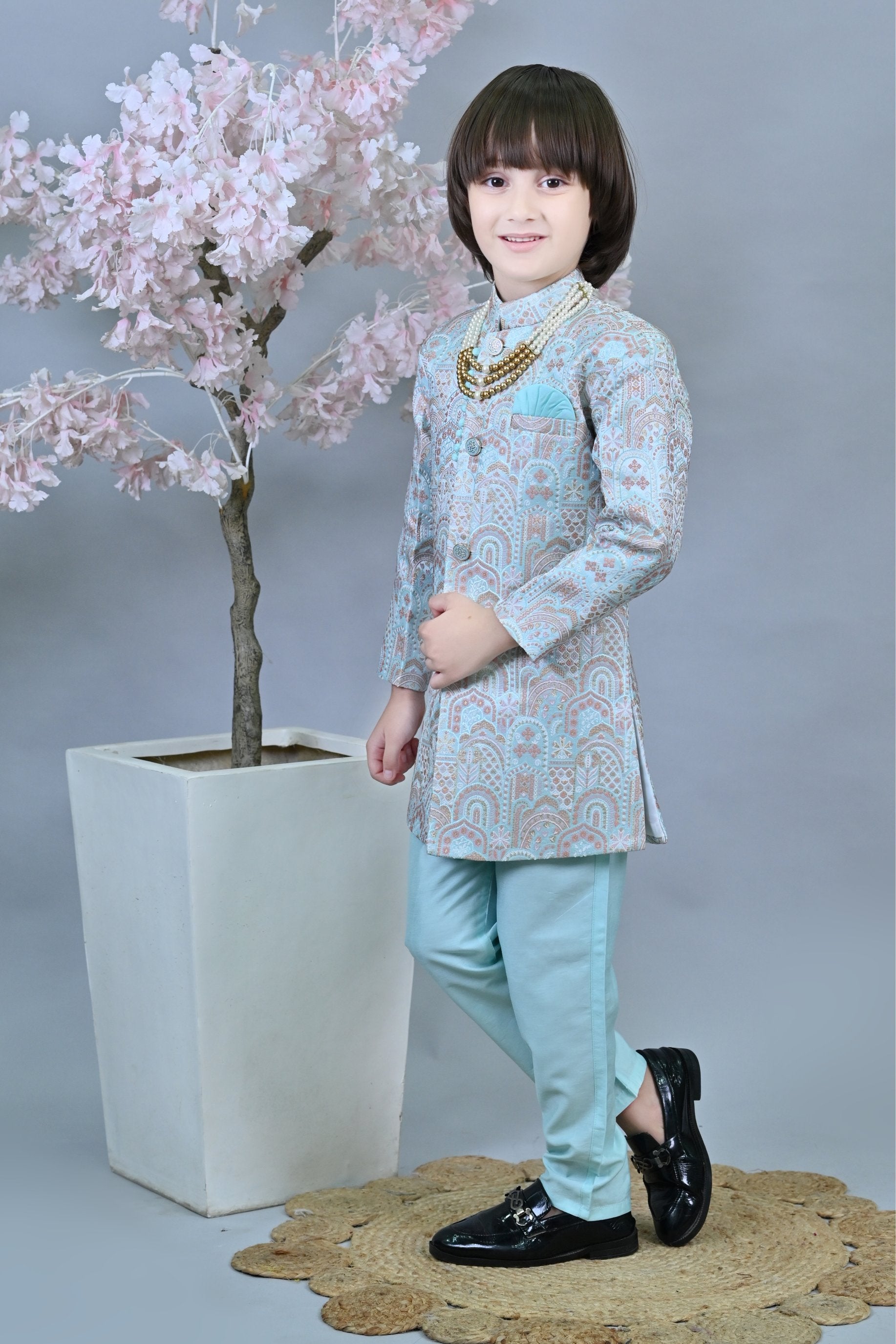 Ahhaaaa Kids Ethnic Silk Floral Design Print Indo-Western Sherwani Set for Boys