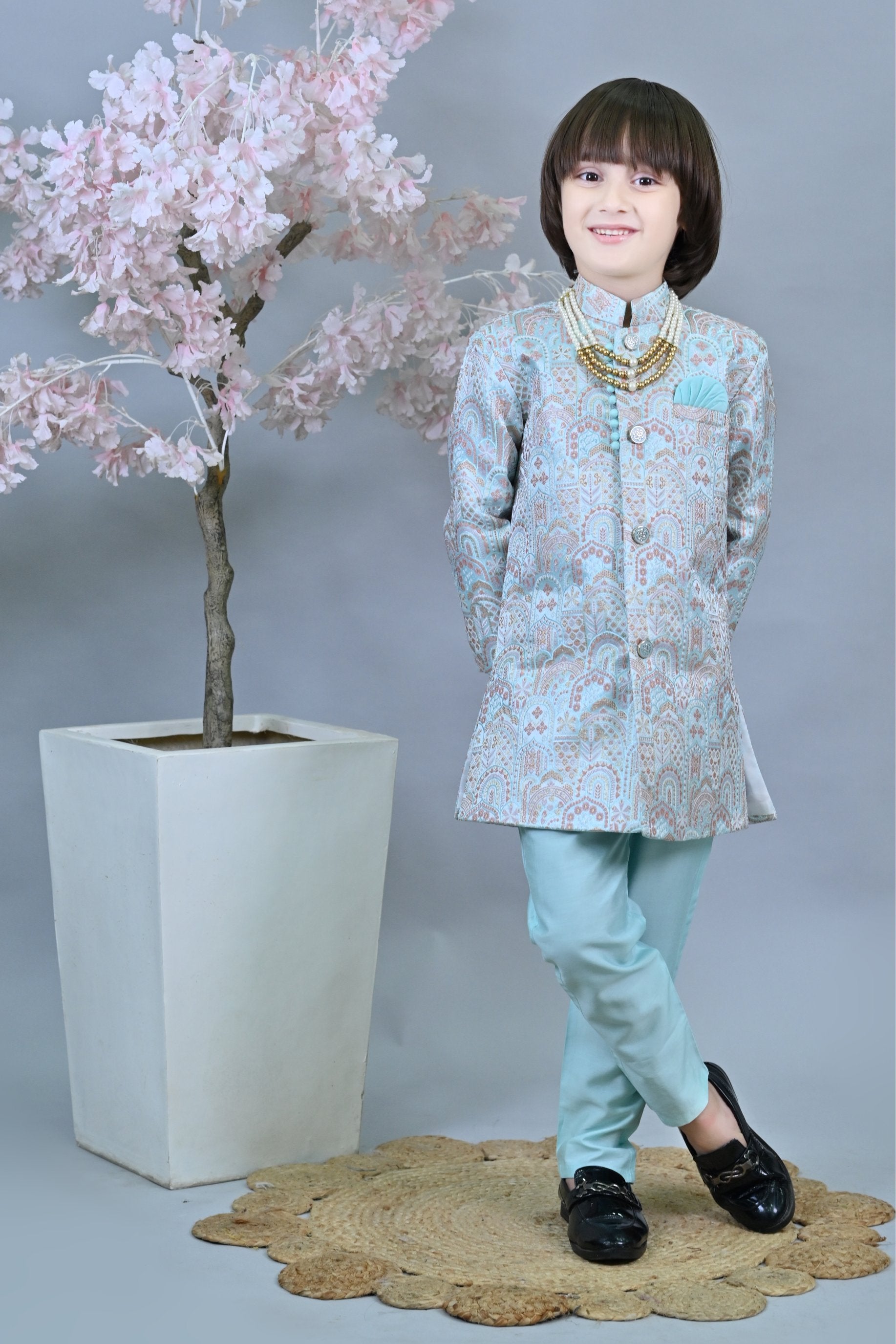 Ahhaaaa Kids Ethnic Silk Floral Design Print Indo-Western Sherwani Set for Boys Turquoise Blue