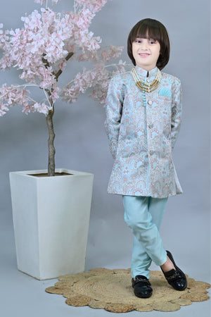Ahhaaaa Kids Ethnic Silk Floral Design Print Indo-Western Sherwani Set for Boys Turquoise Blue
