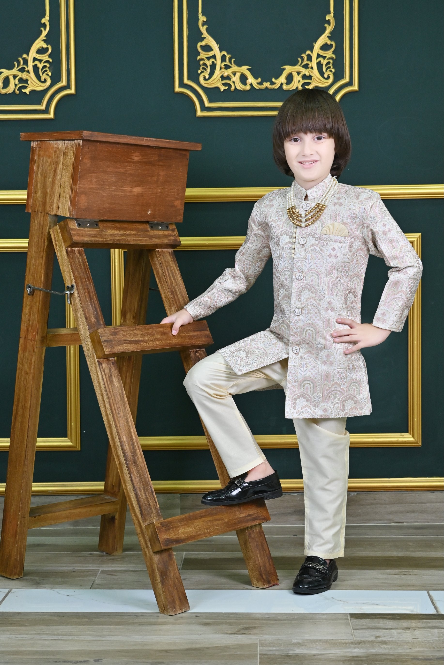 Ahhaaaa Kids Ethnic Silk Floral Design Print Indo-Western Sherwani Set for Boys