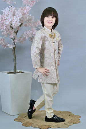 Ahhaaaa Kids Ethnic Silk Floral Design Print Indo-Western Sherwani Set for Boys