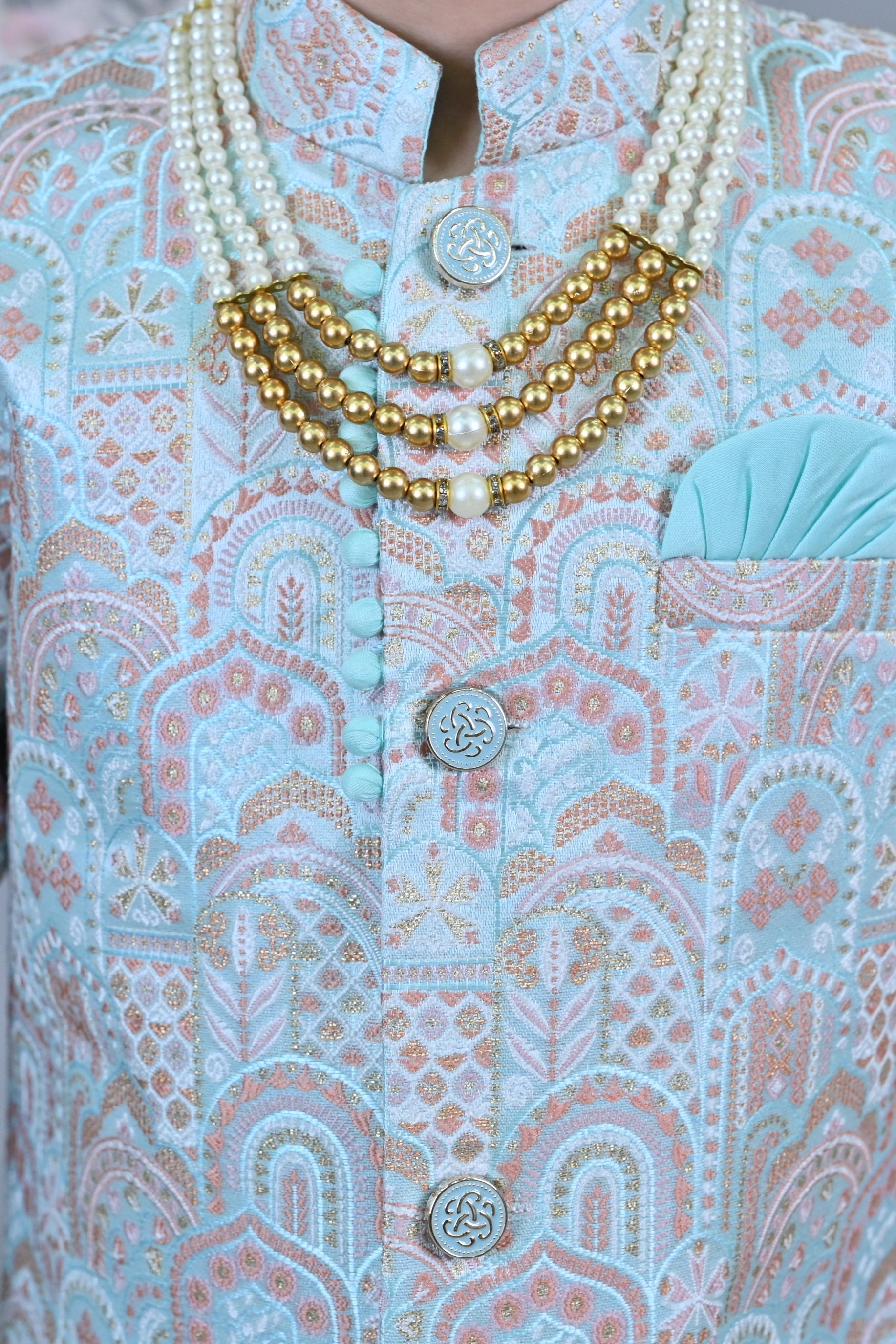 Ahhaaaa Kids Ethnic Silk Floral Design Print Indo-Western Sherwani Set for Boys