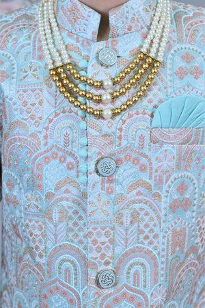 Ahhaaaa Kids Ethnic Silk Floral Design Print Indo-Western Sherwani Set for Boys
