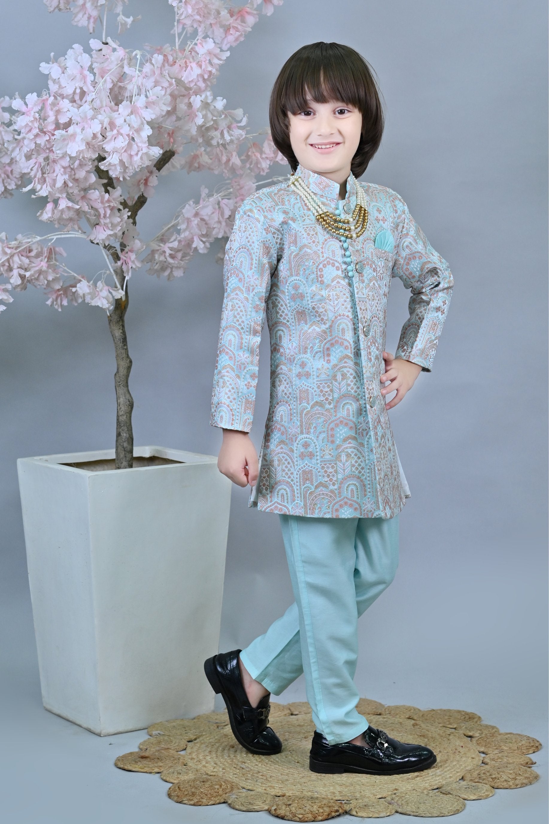 Ahhaaaa Kids Ethnic Silk Floral Design Print Indo-Western Sherwani Set for Boys