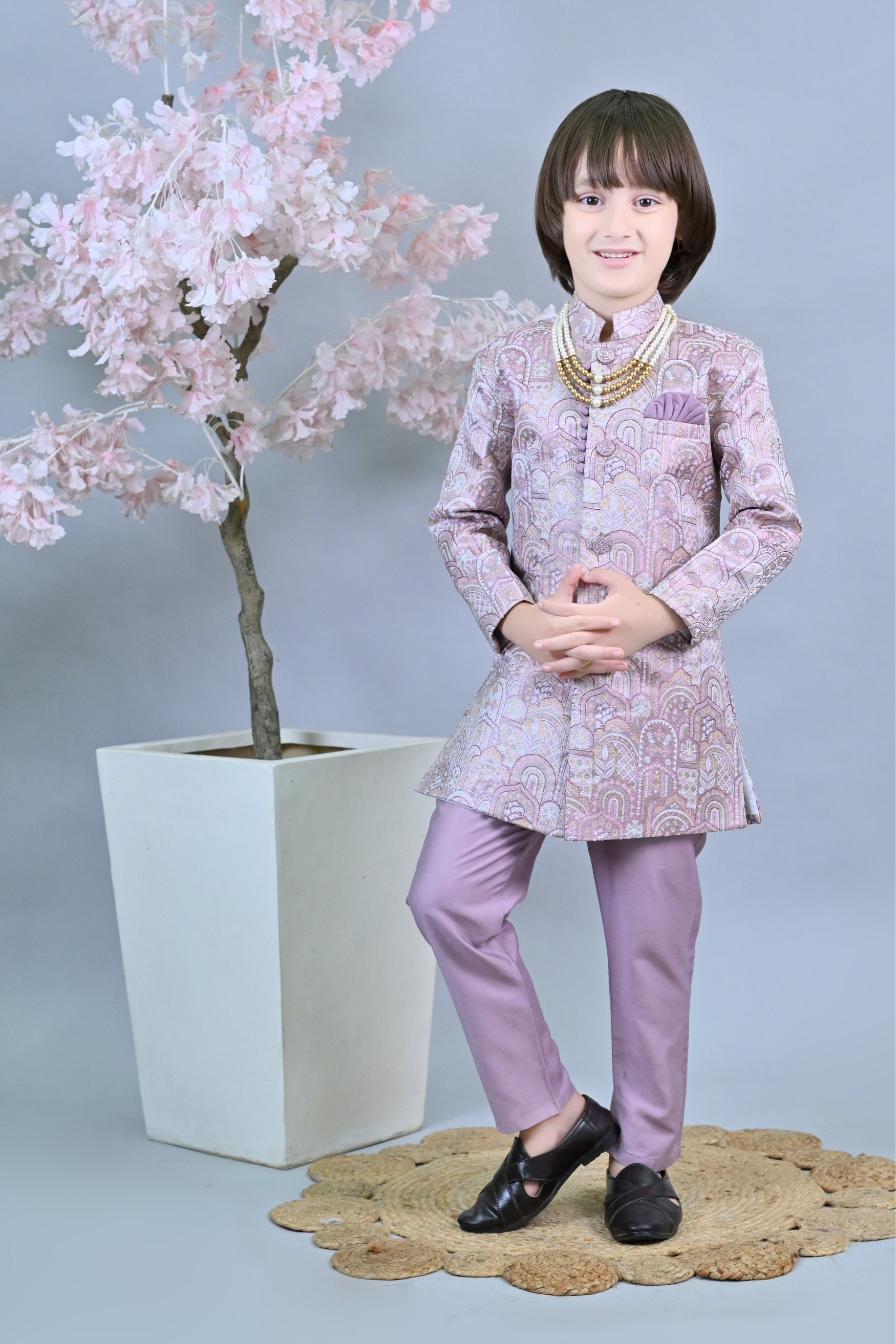 Ahhaaaa Kids Ethnic Silk Floral Design Print Indo-Western Sherwani Set for Boys Lavender