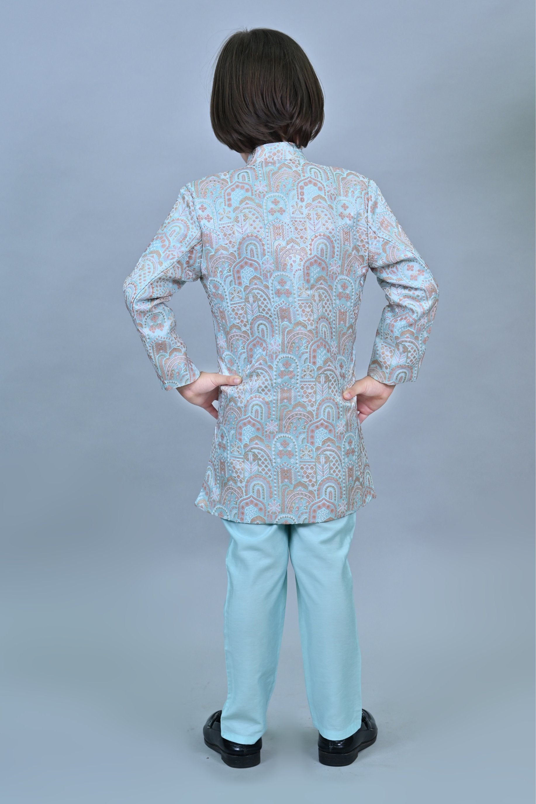 Ahhaaaa Kids Ethnic Silk Floral Design Print Indo-Western Sherwani Set for Boys