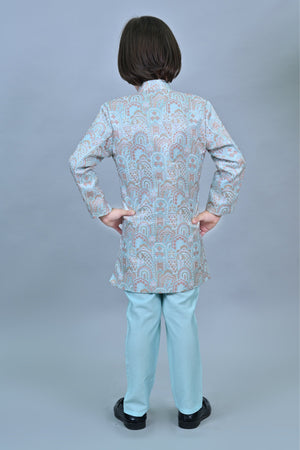 Ahhaaaa Kids Ethnic Silk Floral Design Print Indo-Western Sherwani Set for Boys