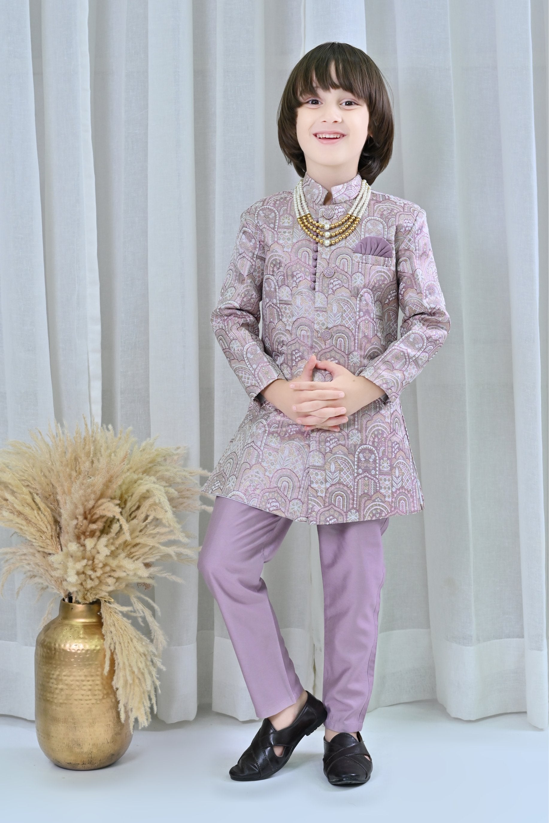 Ahhaaaa Kids Ethnic Silk Floral Design Print Indo-Western Sherwani Set for Boys