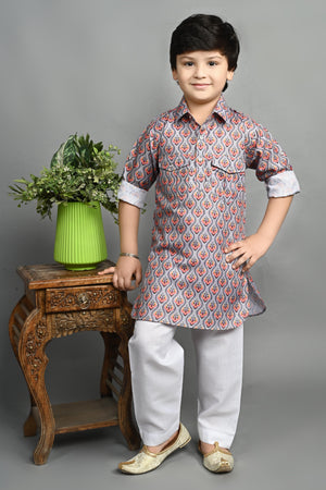 Ahhaaaa Kids Ethnic Wear Printed Cotton Kurta Pyjama Pathani Suit For Boys Grey